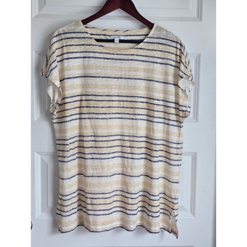 Chicos Striped Linen Blend Short Sleeve Top Tan Blue Size 2 L Large